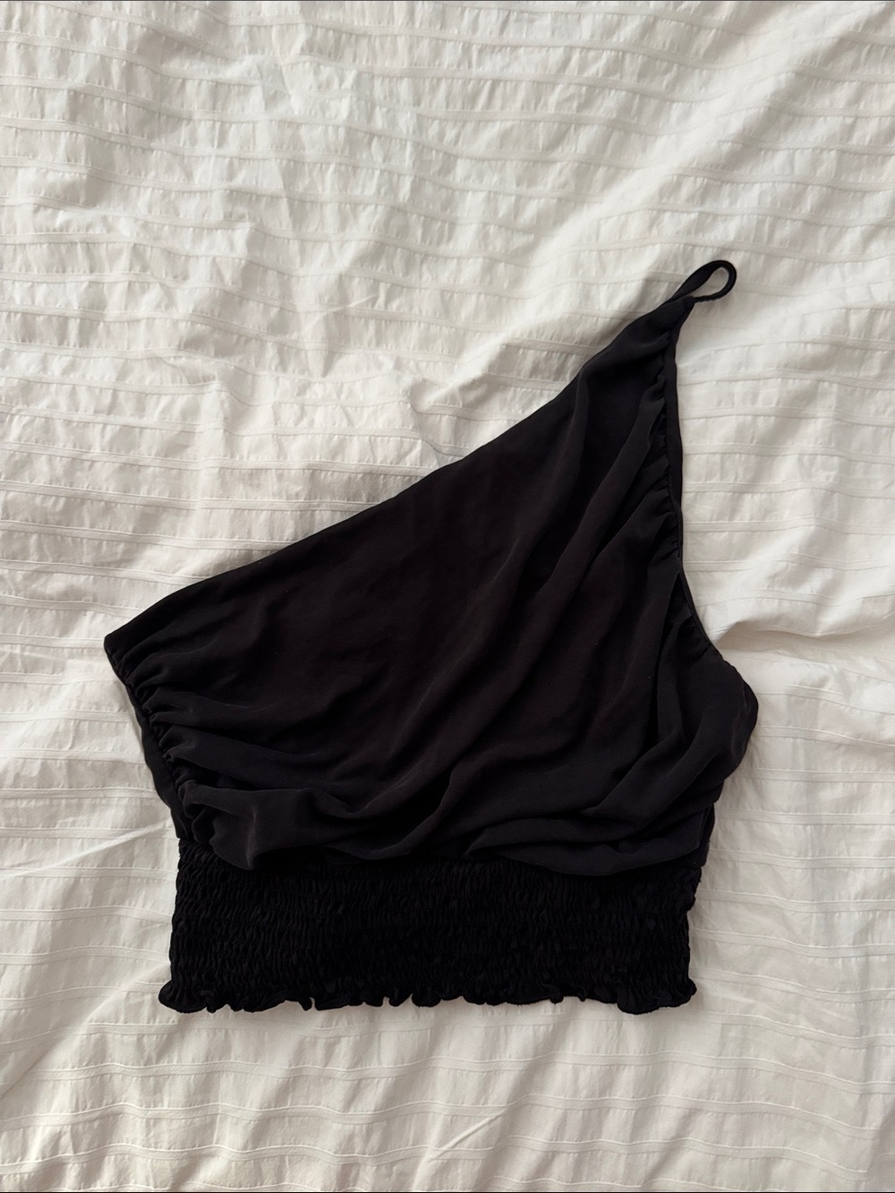 Black One-Shoulder Smocked Waist Women's Top